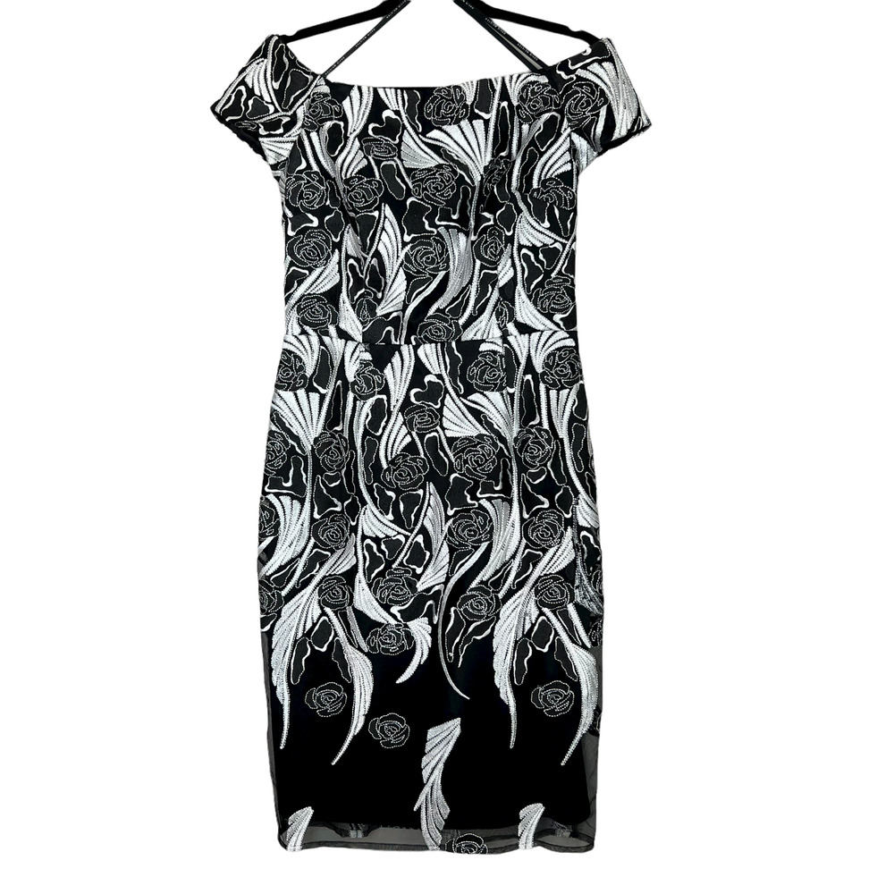 David Meister Off Shoulder Cocktail Lace Dress Lined Floral Black &‎ White
